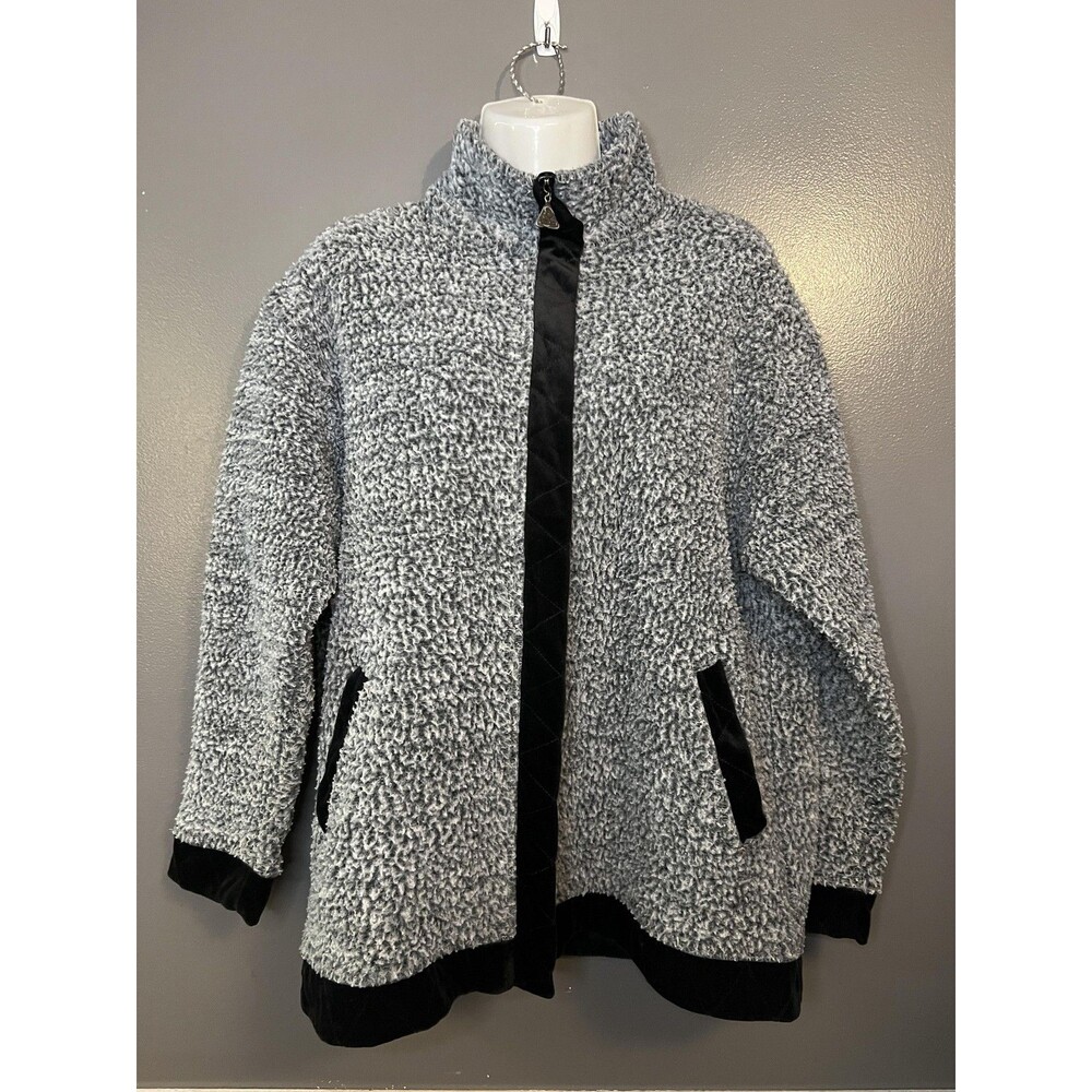 Euro Joy Jacket Womens Medium Gray Sherpa Fleece Full Zip Velvet Trim Boucle
